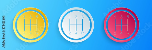 Paper cut Gear shifter icon isolated on blue background. Transmission icon. Paper art style. Vector.