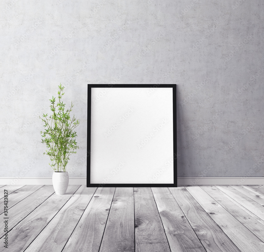 White vertical empty poster with frame standing on floor. Mockup template for you design preview. White vertical empty poster with frame standing on floor. Mockup template for you design preview.