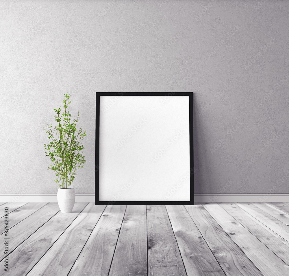 White vertical empty poster with frame standing on floor. Mockup template for you design preview. White vertical empty poster with frame standing on floor. Mockup template for you design preview.