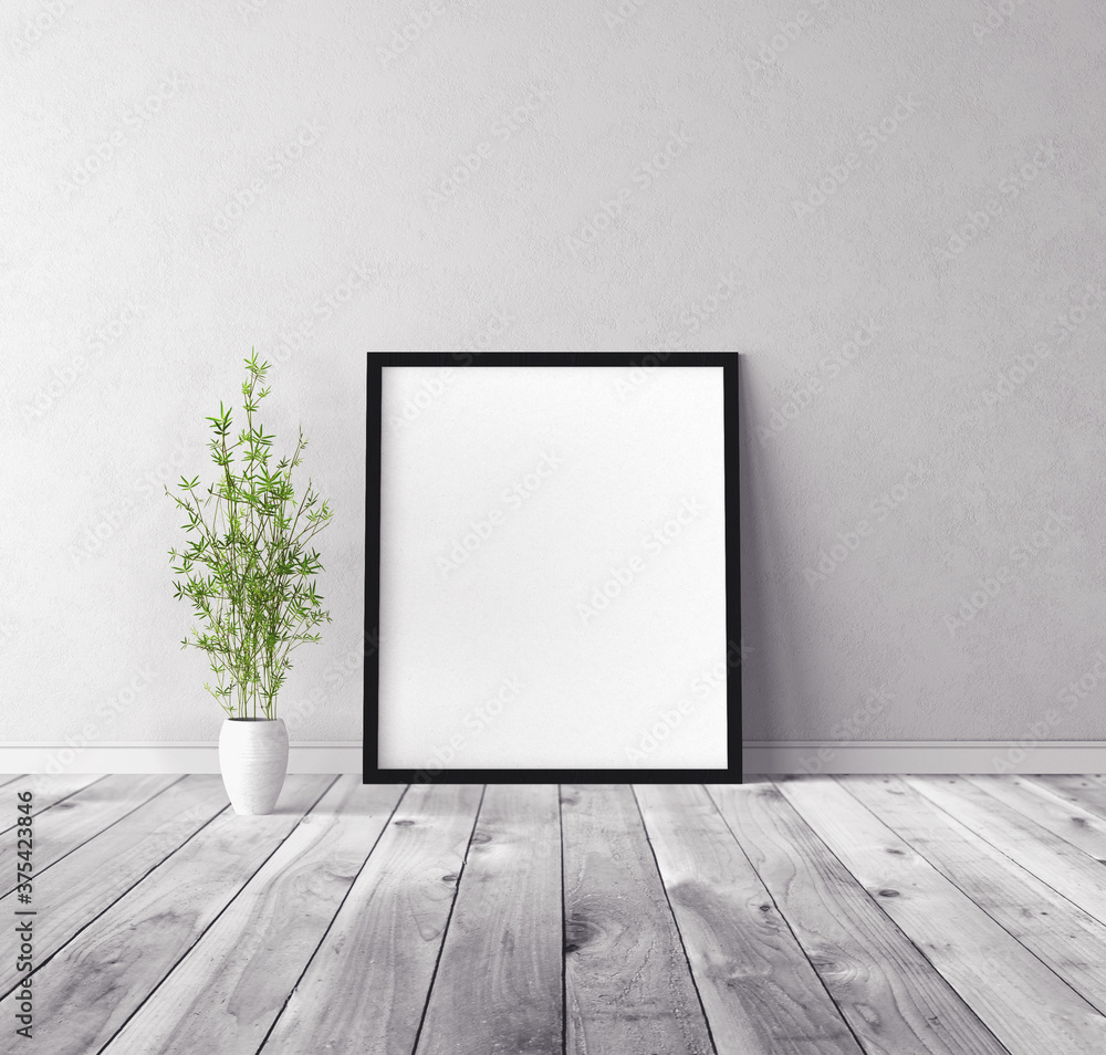 White vertical empty poster with frame standing on floor. Mockup template for you design preview. White vertical empty poster with frame standing on floor. Mockup template for you design preview.