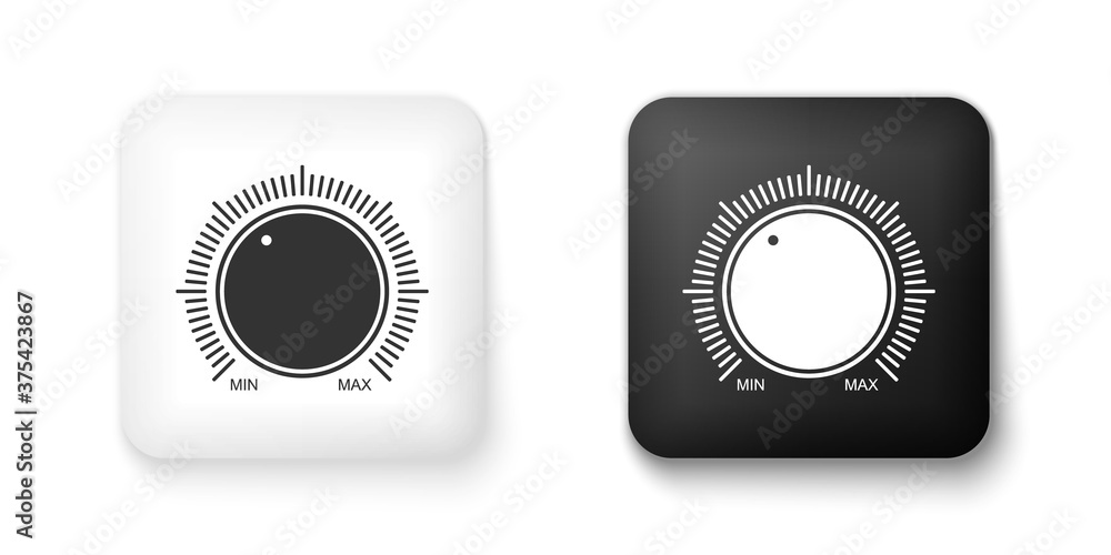 Black and white Dial knob level technology settings icon isolated on white background. Volume button, sound control, music knob with scale, analog regulator. Square button. Vector.