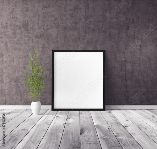 Fototapeta Naklejka Na Ścianę i Meble -  White vertical empty poster with frame standing on floor. Mockup template for you design preview.