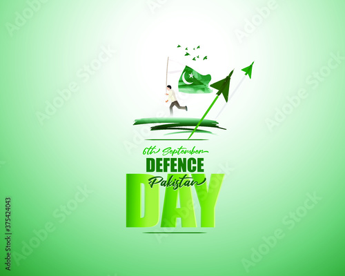 Vector illustration of Pakistan defence day, 6th september, boy with pakistan flag, birds and airforce craft.