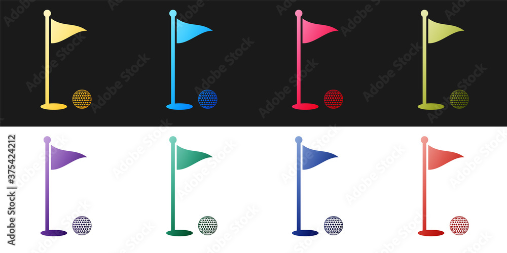 Ταπετσαρία Set Golf ball and hole with flag icon isolated on black and white background