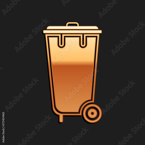 Gold Trash can icon isolated on black background. Garbage bin sign. Recycle basket icon. Office trash icon. Long shadow style. Vector.