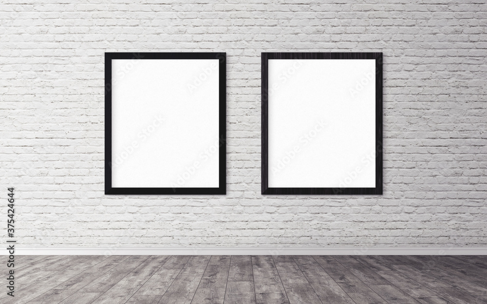 Two white posters with frame on wall. Mock up for you design preview. Good use for advertasing materials. Two white posters with frame on wall. Mock up for you design preview. Good use for advertasing materials.