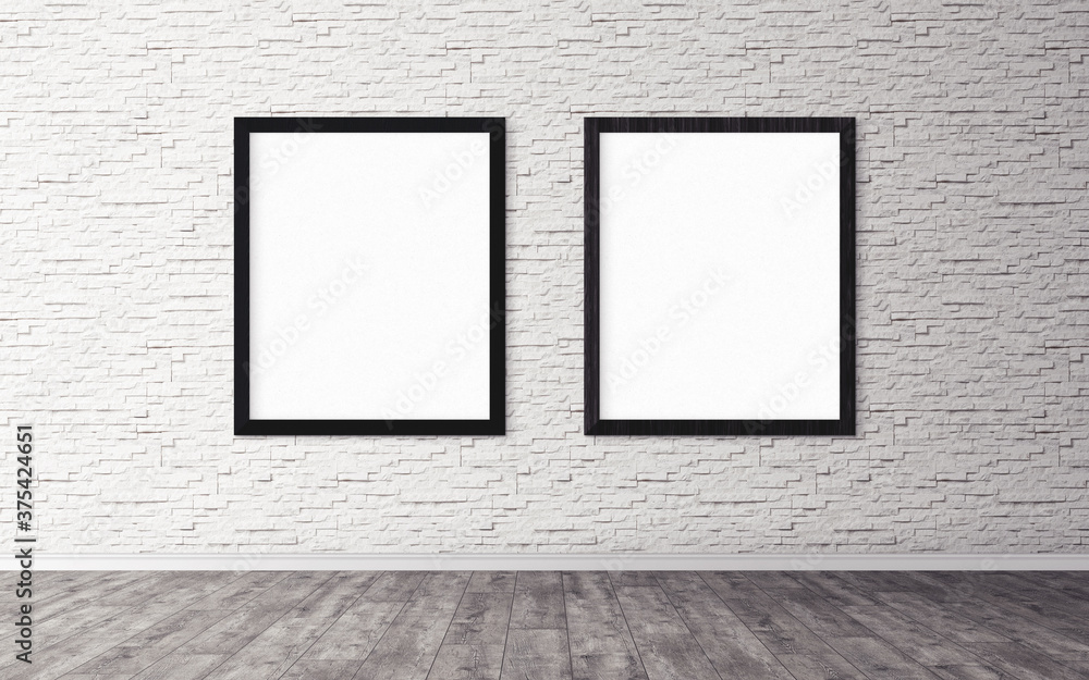 Two white posters with frame on wall. Mock up for you design preview. Good use for advertasing materials. Two white posters with frame on wall. Mock up for you design preview. Good use for advertasing materials.