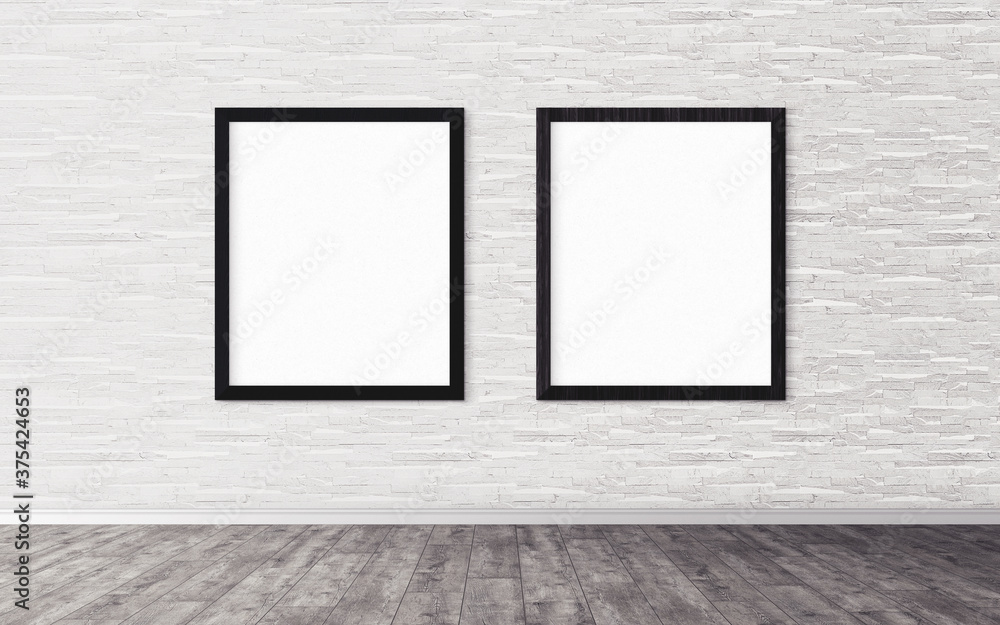 Two white posters with frame on wall. Mock up for you design preview. Good use for advertasing materials. Two white posters with frame on wall. Mock up for you design preview. Good use for advertasing materials.