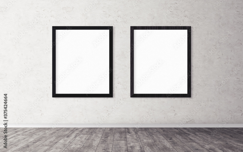 Two white posters with frame on wall. Mock up for you design preview. Good use for advertasing materials. Two white posters with frame on wall. Mock up for you design preview. Good use for advertasing materials.