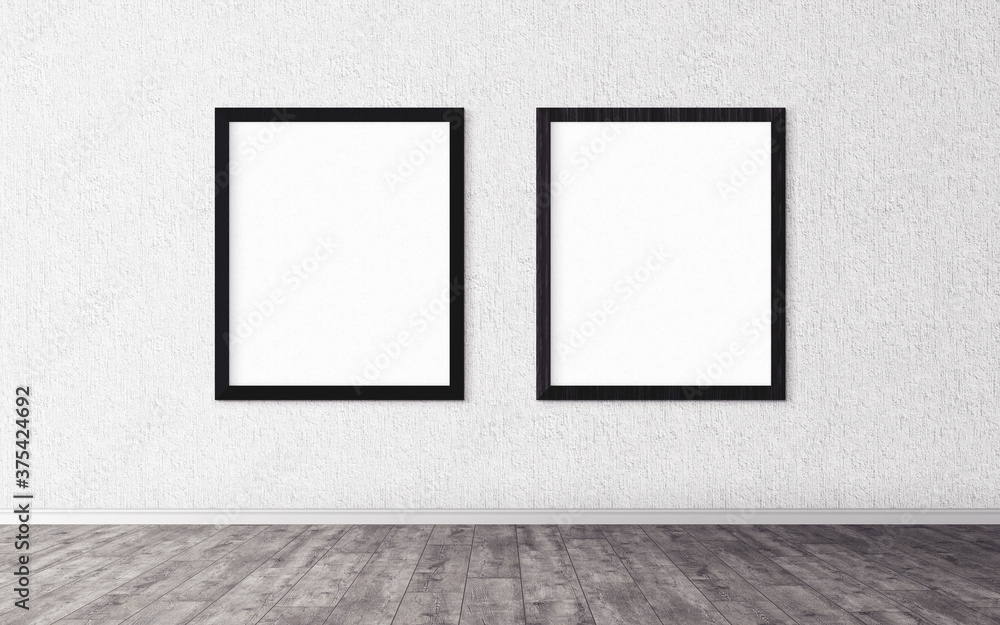 Two white posters with frame on wall. Mock up for you design preview. Good use for advertasing materials. Two white posters with frame on wall. Mock up for you design preview. Good use for advertasing materials.
