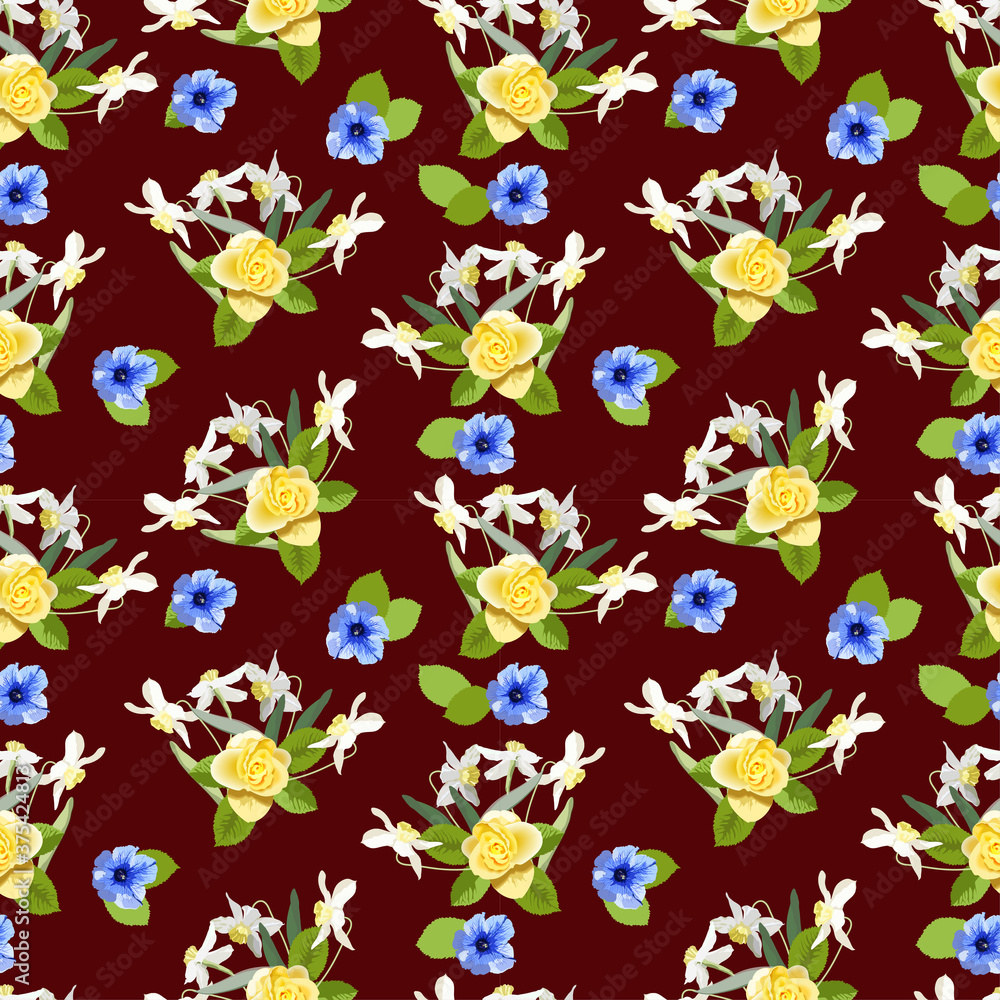 Obraz premium Vector seamless floral pattern on a brown background with a yellow rose and daffodils and blue petunia flowers, for fabric design, wallpaper, wrapping paper. Spring flowers.