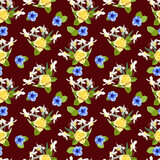 Vector seamless floral pattern on a brown background with a yellow rose and daffodils and blue petunia flowers, for fabric design, wallpaper, wrapping paper. Spring flowers.