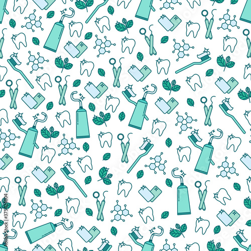 Dental care seamless pattern with teeth, toothbrush, toothpaste, medical equipment. Modern outline vector illustration. Health care background for dentistry clinic, branding, advertisement