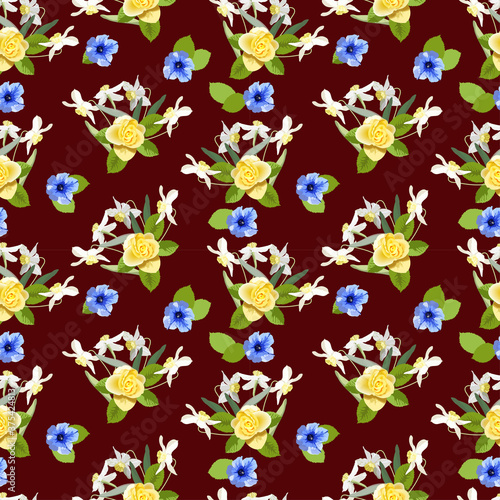 Vector seamless floral pattern on a brown background with a yellow rose and daffodils and blue petunia flowers  for fabric design  wallpaper  wrapping paper. Spring flowers.
