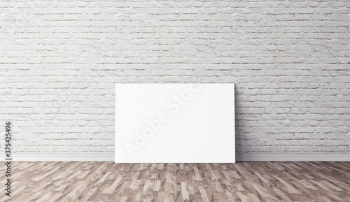 White empty horizontal canvas standing on floor. Blank mockup for you design. Good template for advertasing.