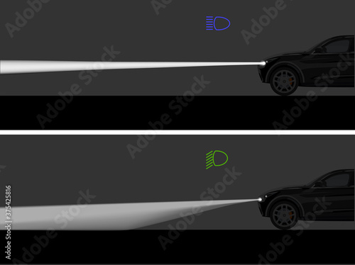 Vector illustration of vehicle's high beam vs low beam