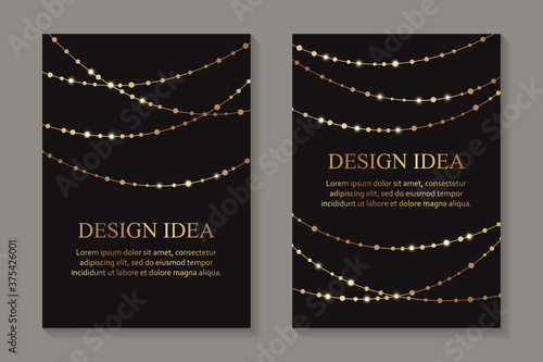 Modern geometric luxury wedding invitation design or card templates for birthday greeting or certificate or poster with golden shiny garlands or beads on a black background.