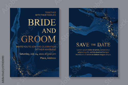 Modern abstract luxury wedding invitation design or card templates for birthday greeting or certificate or cover with navy blue watercolor waves or fluid art in alcohol ink style with gold.