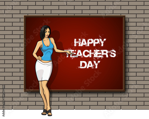 Happy Teacher's Day. Kind woman teacher stands blackboard. Teacher greeting card World teacher's day concept school student girl learning education graphic freehand illustration icon black chalkboard