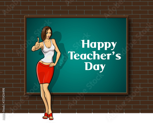 Happy Teacher's Day. Kind woman teacher stands blackboard. Teacher greeting card World teacher's day concept school student girl learning education graphic freehand illustration icon black chalkboard