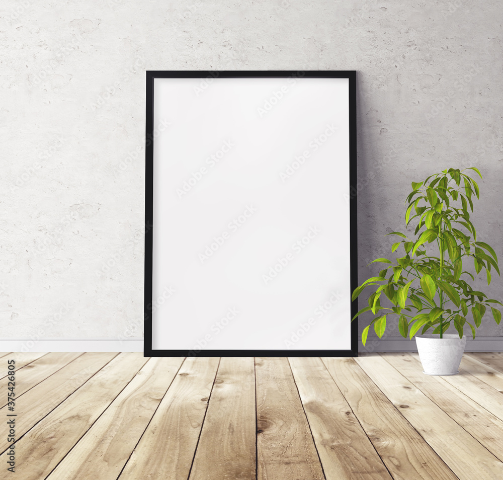 White vertical poster with black wooden frame standing on floor. Template for you design. White vertical poster with black wooden frame standing on floor. Template for you design.