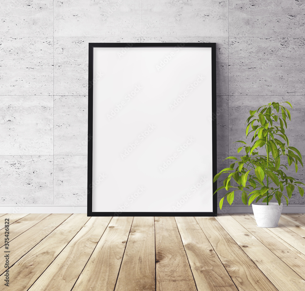 White vertical poster with black wooden frame standing on floor. Template for you design. White vertical poster with black wooden frame standing on floor. Template for you design.