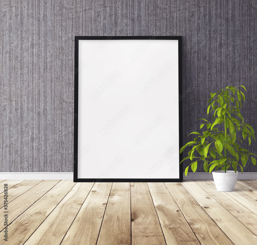 White vertical poster with black wooden frame standing on floor. Template for you design. White vertical poster with black wooden frame standing on floor. Template for you design.