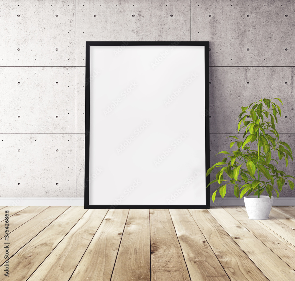 White vertical poster with black wooden frame standing on floor. Template for you design. White vertical poster with black wooden frame standing on floor. Template for you design.