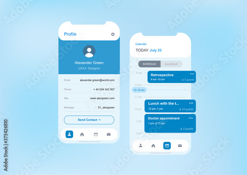 Mobile application template of baisic screens with schedule and profile page, light visual blue and white colors