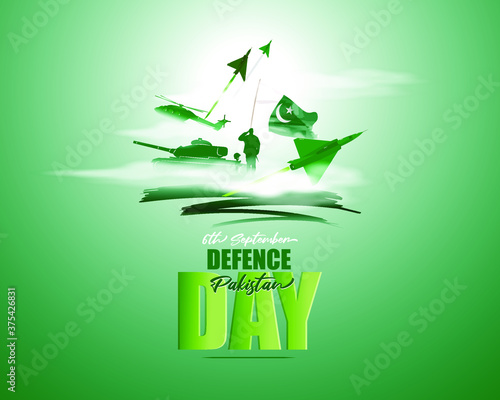 Vector illustration of Pakistan defence day, 6th september, pakistan flag, soldier with rifle and helmet, airforce craft and army tank.