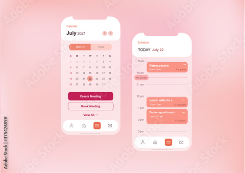 User interface template for calendar and meeting schedule mobile application, light pink and white color scheme