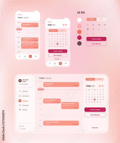 User interface kit with key screens of calendar application with web and mobile mockups and icons and interface elements, light pink color palette, style guide