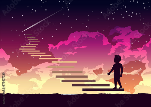 a boy step on the stair way to heaven with interesting