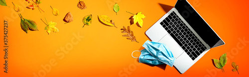 Laptop computer with masks in autumn - overhead view