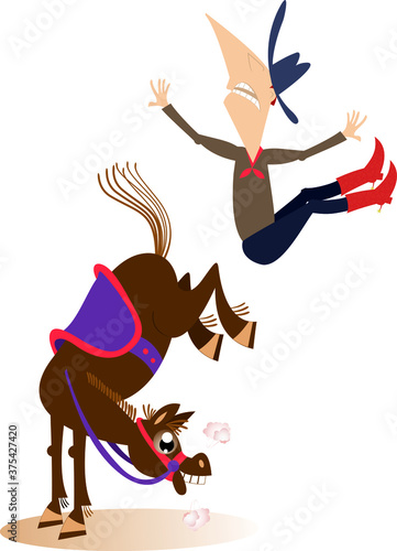 Cartoon rider falls from the horse isolated illustration. Funny horse kicks a falling down long mustache man or cowboy isolated on white
