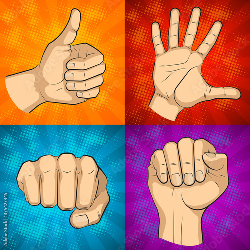 Wrist of people comics sketch picture set. Cartoon palm man's hand banner illustration. Human individual gesture of fives fingers drawing outline. People knukle gesture collection