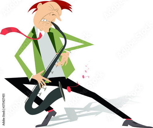Cartoon saxophonist illustration. Saxophonist is playing music with the great inspiration isolated on white
