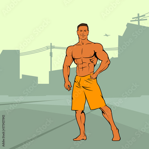 Muscle man silhouette graffiti icon on comics city background, lifting weights fitness gym icon, athlete banner, bodybuilder logo on comics town background, athlete men's bare torso