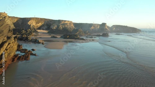 Spectacular drone shot of the cliffs of Costa Alentejana, Porto Covo, Portugal