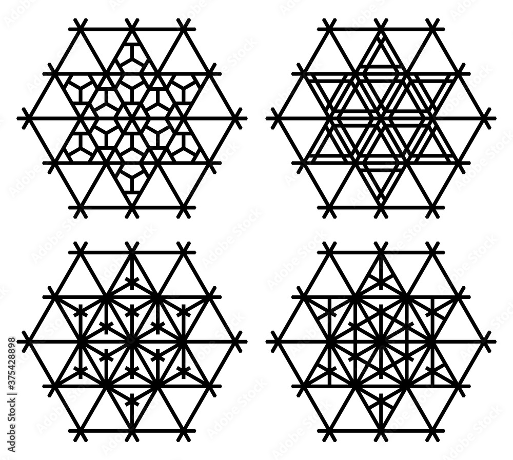 Set of four Japanese Kumiko patterns in hexagon.Black color lines. Set of four Japanese Kumiko patterns in hexagon.Black color lines.