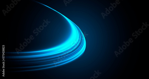 Abstract blue speed lights movement forming round disk shape or light way through space, digital tech background cover