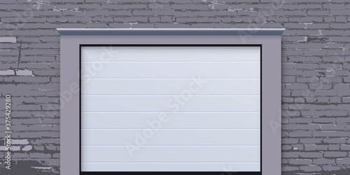 Modern garage house door. Realistic entrance gate to rooms, home, store, shop, parking space or warehouse. Closed front automatic door opening by rolling up vector illustration