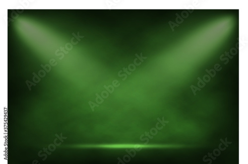 Green fog or smoke under spot lights background. Cloudiness, mist smog or chemistry toxic fume. Vector illustration of mysterious atmosphere, realistic spooky vapor texture, natural phenomenon.