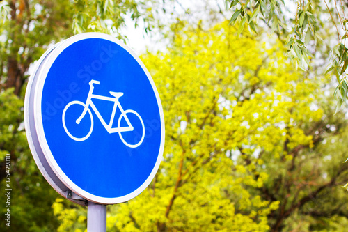 Road sign "Bicycle" on a background of green trees