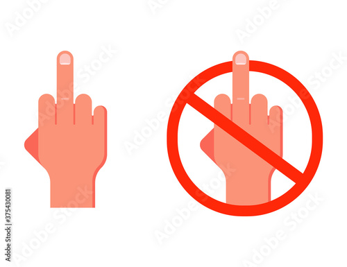 gesture middle finger up. prohibition on swearing. flat vector illustration isolated on white background.