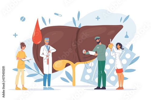 Liver internal organ examination, cirrhosis disease diagnosis, treatment concept. Human healthcare, preventive medicine. Doctor team doing medical laboratory research, prescribing medication