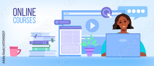 Online courses or school illustration with young black woman tutor working online at home. Digital education in internet flat concept with smiling student, books. Online courses background with laptop