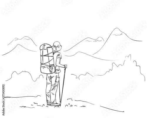 Drawing of girl backpacker hiking in mountains enjoying scenery, Vector line art sketch Hand drawn illustration