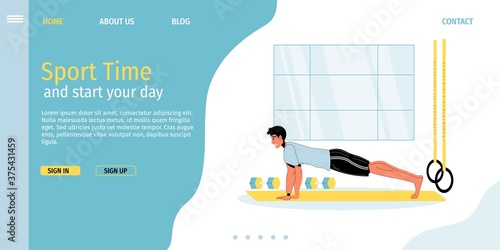 Morning fitness sport time workout activity. Young man pushing up from floor exercising at gym presenting good healthy habit lifestyle. Start day correctly. Daily life landing page design.