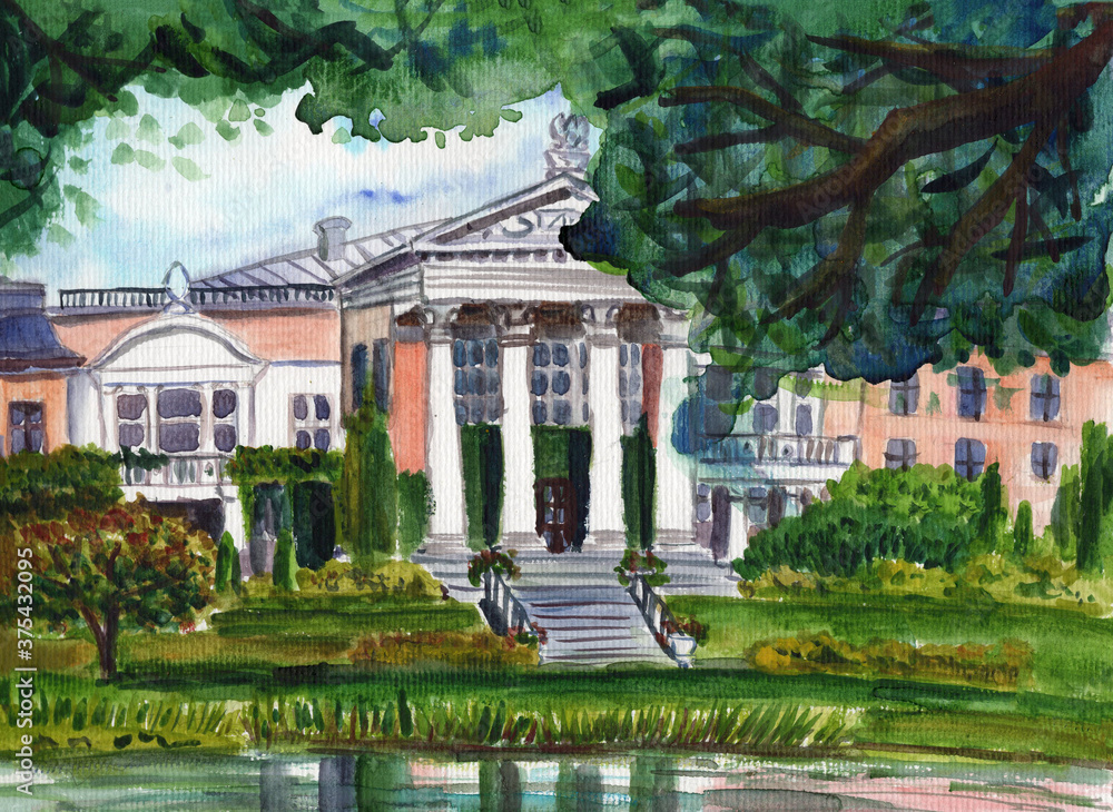 Hand drawn watercolor sketch. Historical building. Summer landscape. Classical style. Public park with pond. Moscow botanical garden. Green trees. Blue cloudy sky. For postcards and posters